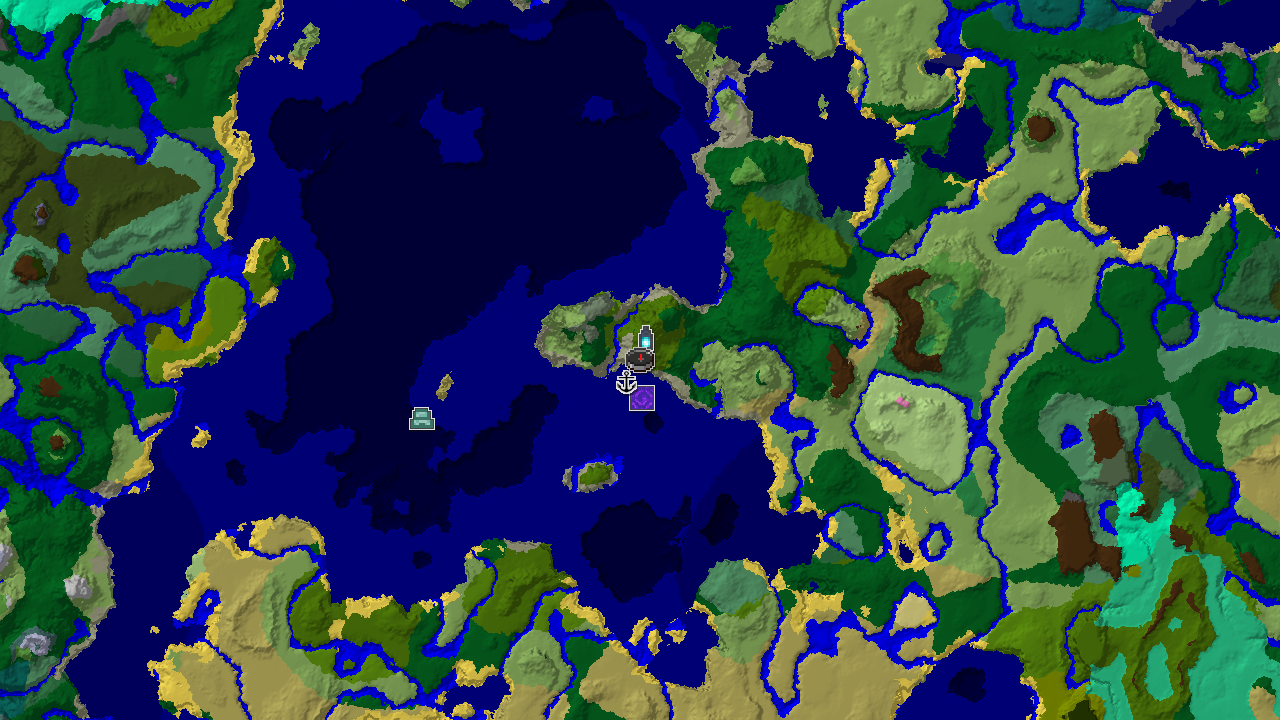 A 2D top-down biome map centered on the spawn point, showing a jungle biome at spawn, with markers for a nearby ancient city, a shipwreck, and a ruined portal.