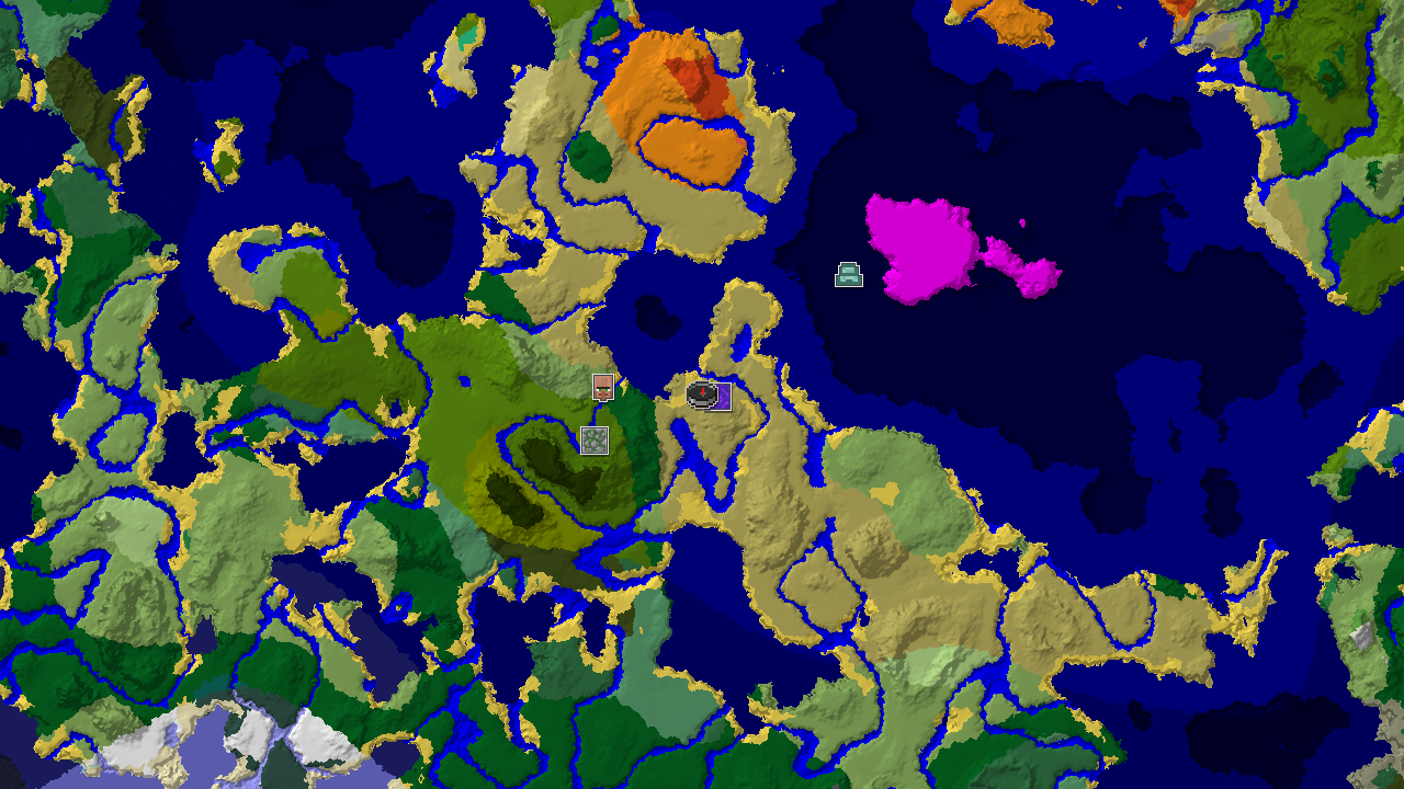 A top-down 2D biome map showing a savanna spawn next to a river, with markers for a ruined portal, village, jungle temple, and ocean monument.