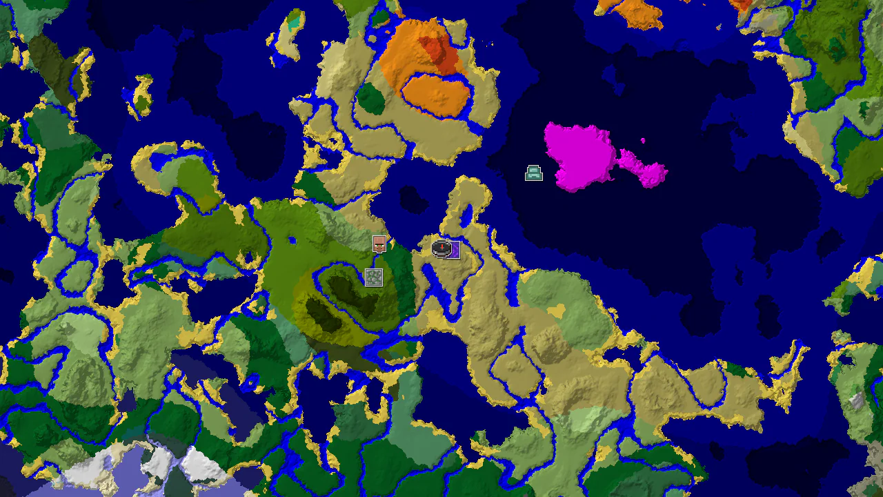 A top-down 2D biome map showing a savanna spawn next to a river, with markers for a ruined portal, village, jungle temple, and ocean monument.