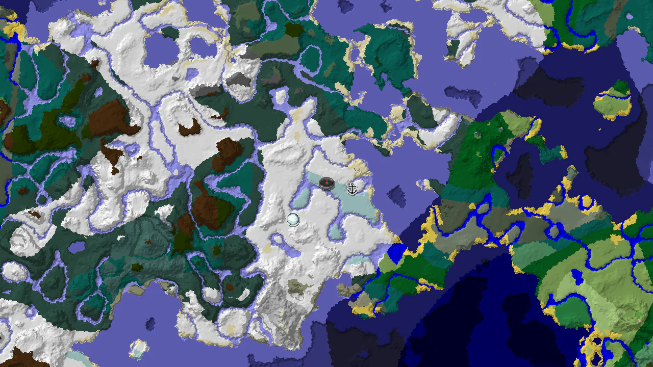 A 2D biome map centered on spawn, showing a large expanse of icy biomes like Ice Spikes, Frozen River, and Snowy Plains, with markers for spawn and a shipwreck.