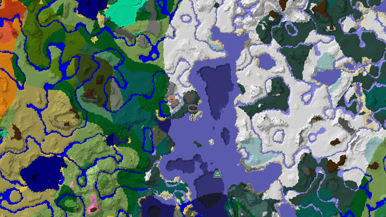 A 2D top-down biome map centered on spawn, showing a large expanse of frozen ocean and snowy biomes, with a village marker to the southwest.