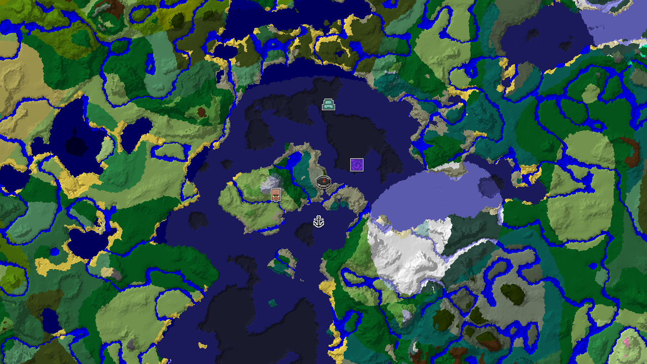 A top-down 2D biome map centered on spawn, showing an Old Growth Spruce Taiga spawn, an Ocean Monument to the south, a village to the west, and a shipwreck to the east.
