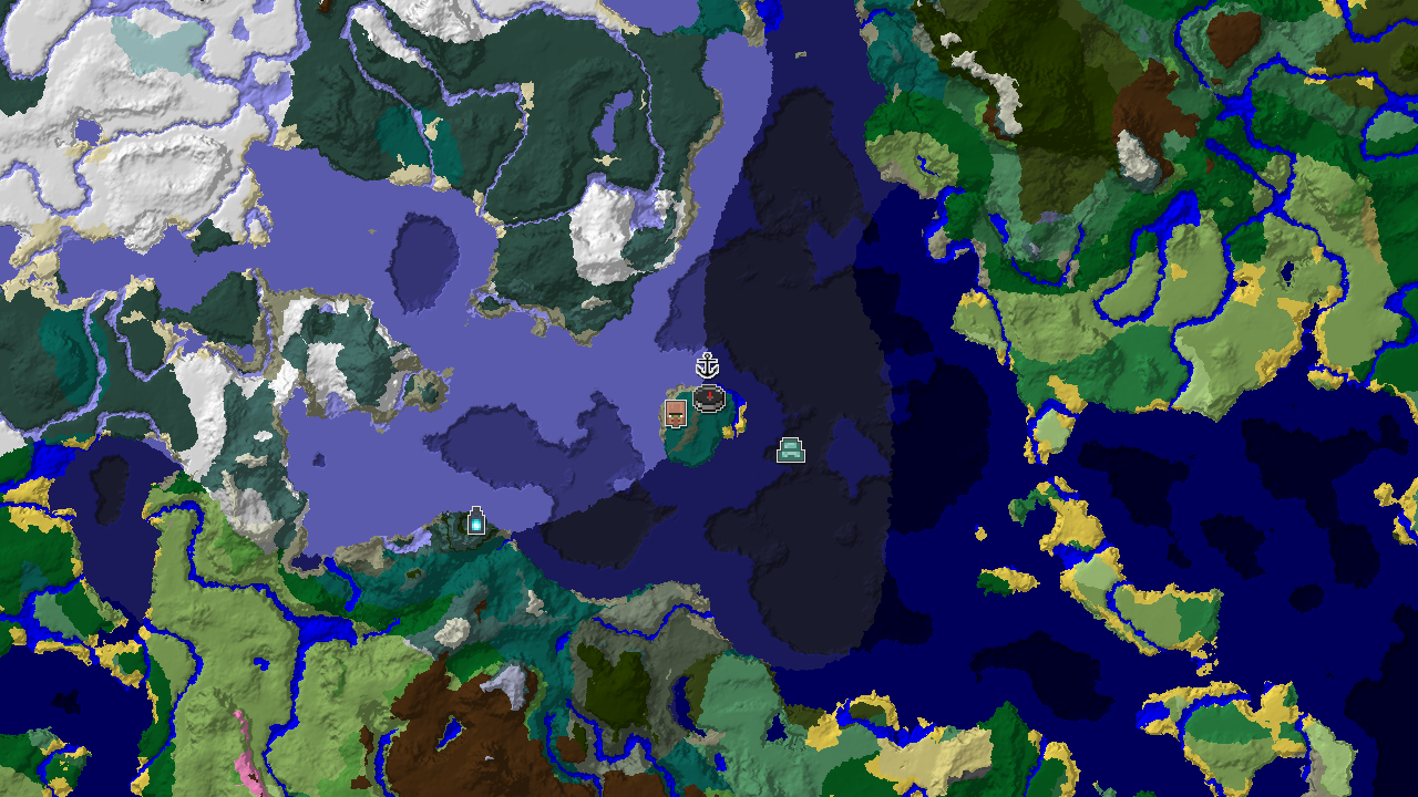 A 2D biome map centered on spawn, showing a large taiga with cold and frozen oceans nearby. Markers indicate a close village and shipwreck, and a more distant ancient city.