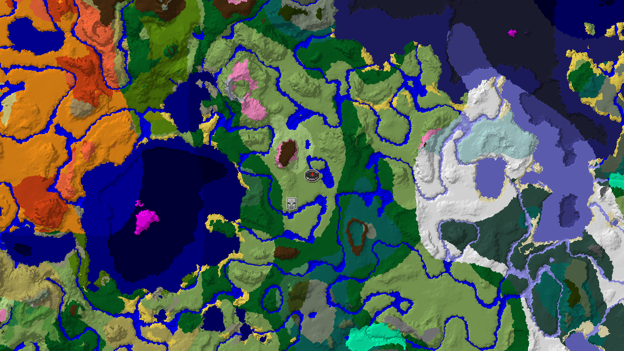 A 2D top-down biome map centered on spawn, showing a varied landscape with plains, rivers, and a distinct cherry grove to the east, marked with a spawn point and a Pillager Outpost.