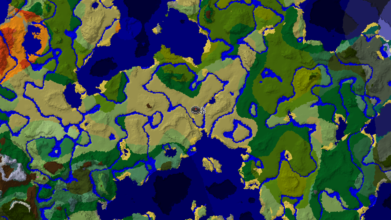 A 2D biome map showing a savanna spawn surrounded by varied biomes, with a shipwreck marked to the east.