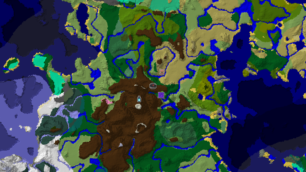A 2D biome map centered on spawn, showing a Meadow spawn with markers for an Ancient City, Village, and Ruined Portal.