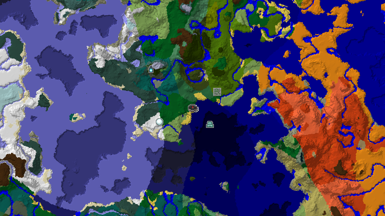 A 2D biome map centered on spawn, showing a shipwreck just off the coast and an Ancient City far to the southwest.