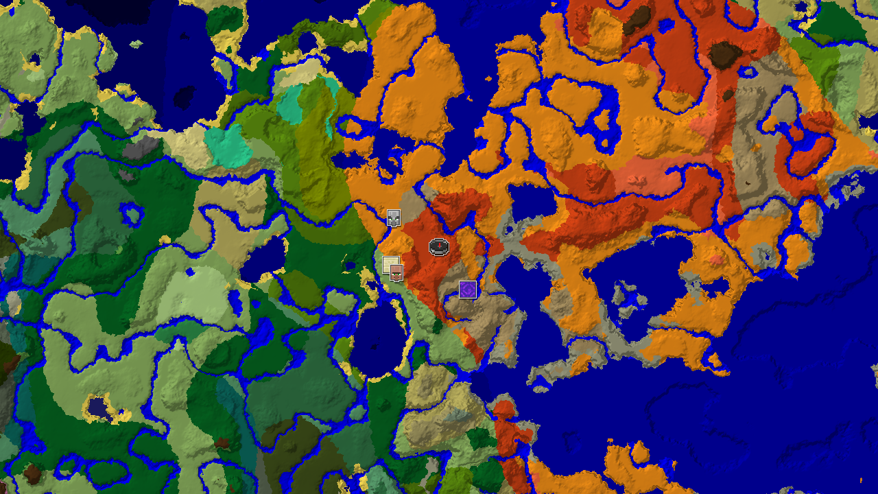 A 2D biome map centered on spawn, showing Badlands and Desert biomes, with markers for a village, ruined portal, pillager outpost, and desert pyramid.