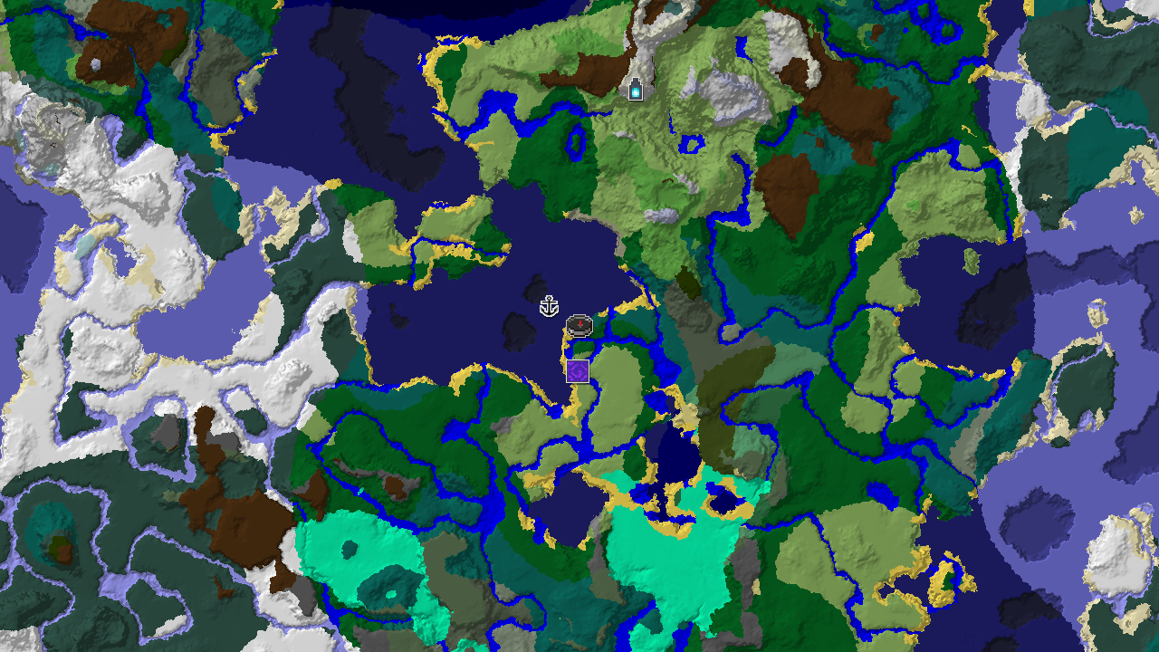 A 2D biome map centered on spawn, showing a beach spawn, nearby cold ocean and forest, and markers for a shipwreck, ruined portal, and distant ancient city.