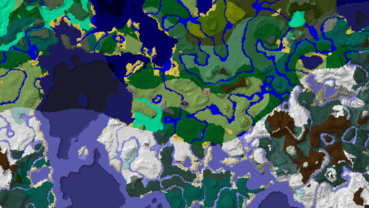 A top-down 2D biome map centered on spawn, showing Plains, Forest, River, and a nearby village.