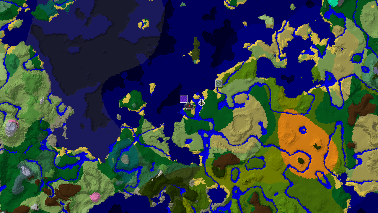 A 2D top-down biome map centered on spawn, showing forest, ocean, river, and plains biomes, with markers for a Ruined Portal, Shipwreck, and Jungle Temple.