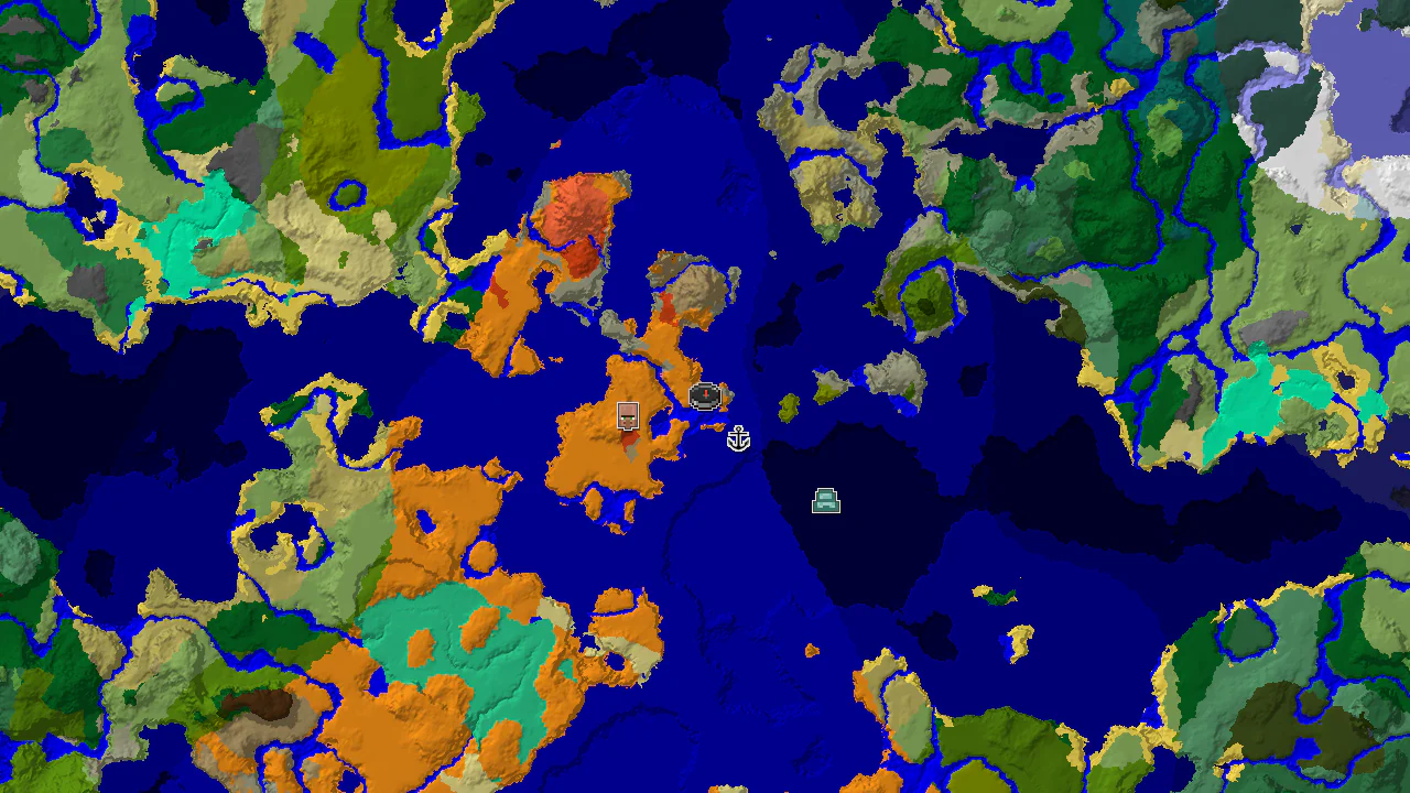 A 2D biome map centered on spawn, showing a desert spawn next to warm and lukewarm oceans, with markers for a village and shipwreck.
