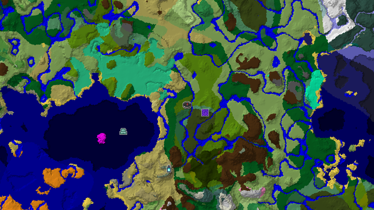 A top-down 2D biome map centered on the spawn point, marked within a jungle, showing a Ruined Portal, an Ocean Monument, an Ancient City, and various biomes including plains, forests, and oceans.
