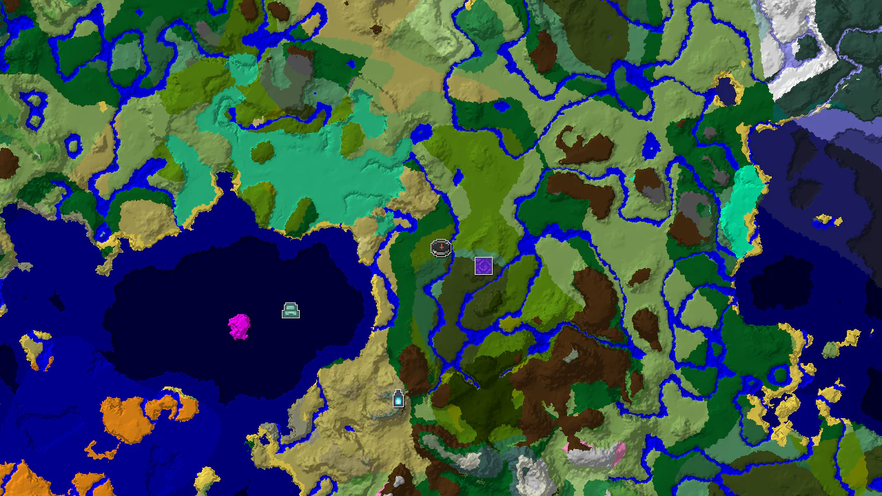 A top-down 2D biome map centered on the spawn point, marked within a jungle, showing a Ruined Portal, an Ocean Monument, an Ancient City, and various biomes including plains, forests, and oceans.