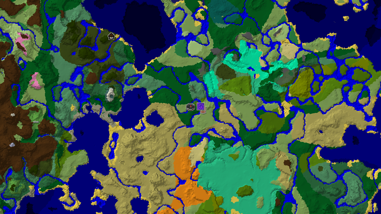 A 2D biome map centered on the spawn point, with markers indicating a Woodland Mansion, village, and ruined portal.