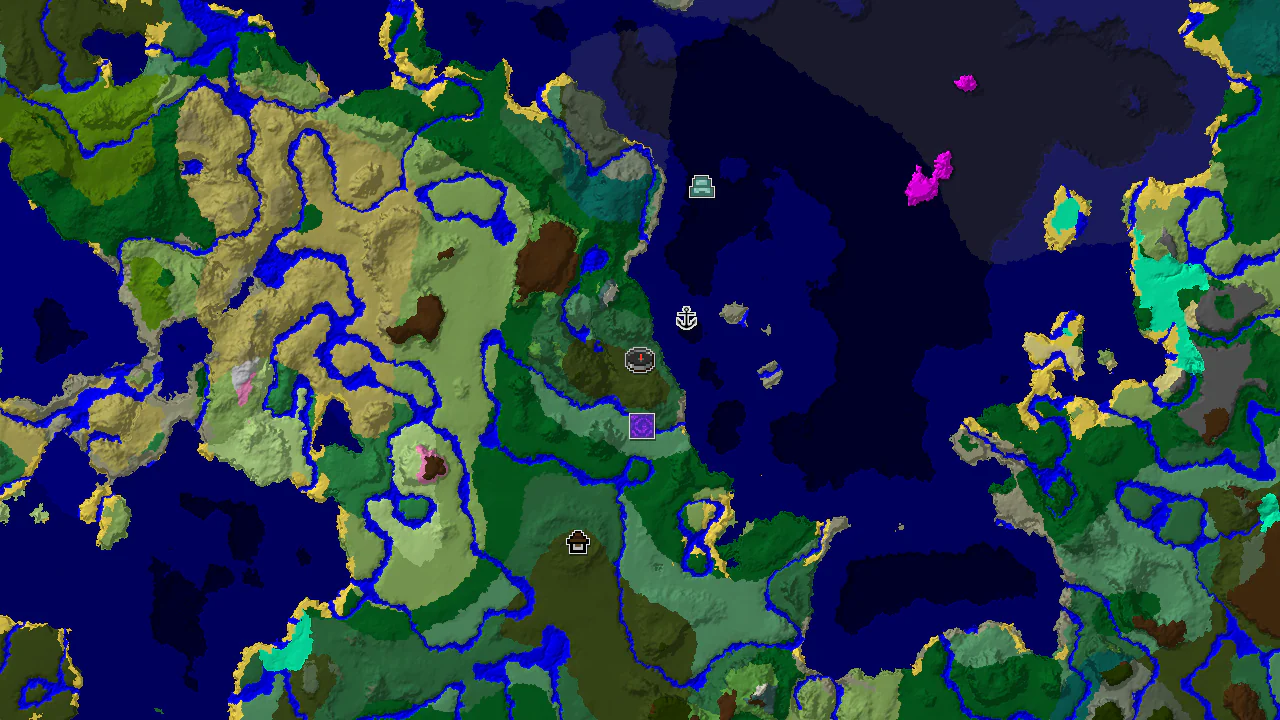 A 2D top-down biome map centered on the spawn point, showing Dark Forest, Ocean, and Birch Forest biomes, with markers for a Ruined Portal, Shipwreck, and Woodland Mansion.
