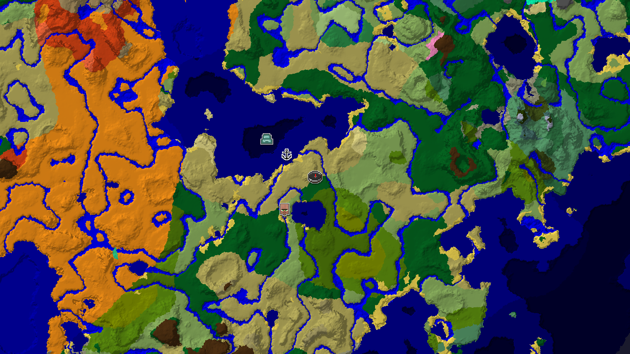A 2D biome map centered on spawn, showing savanna, forest, and ocean biomes with markers for a village, shipwreck, and ocean monument.
