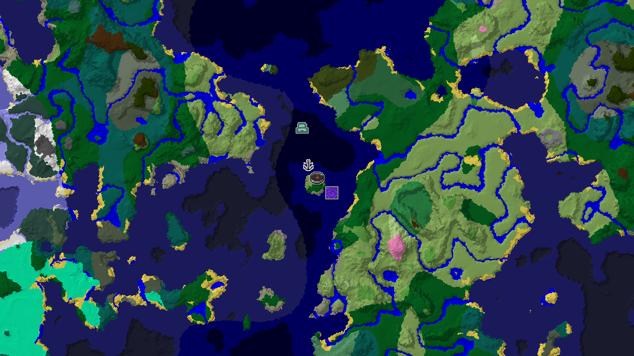 A 2D biome map centered on the spawn point, showing Plains, Ocean, and Forest biomes, with markers for a nearby shipwreck and an Ocean Monument.