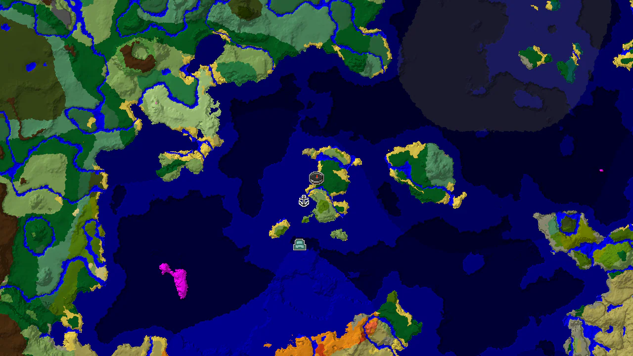A 2D biome map centered on the spawn point, showing a large green forest island surrounded by various shades of blue ocean, with a shipwreck marker nearby.