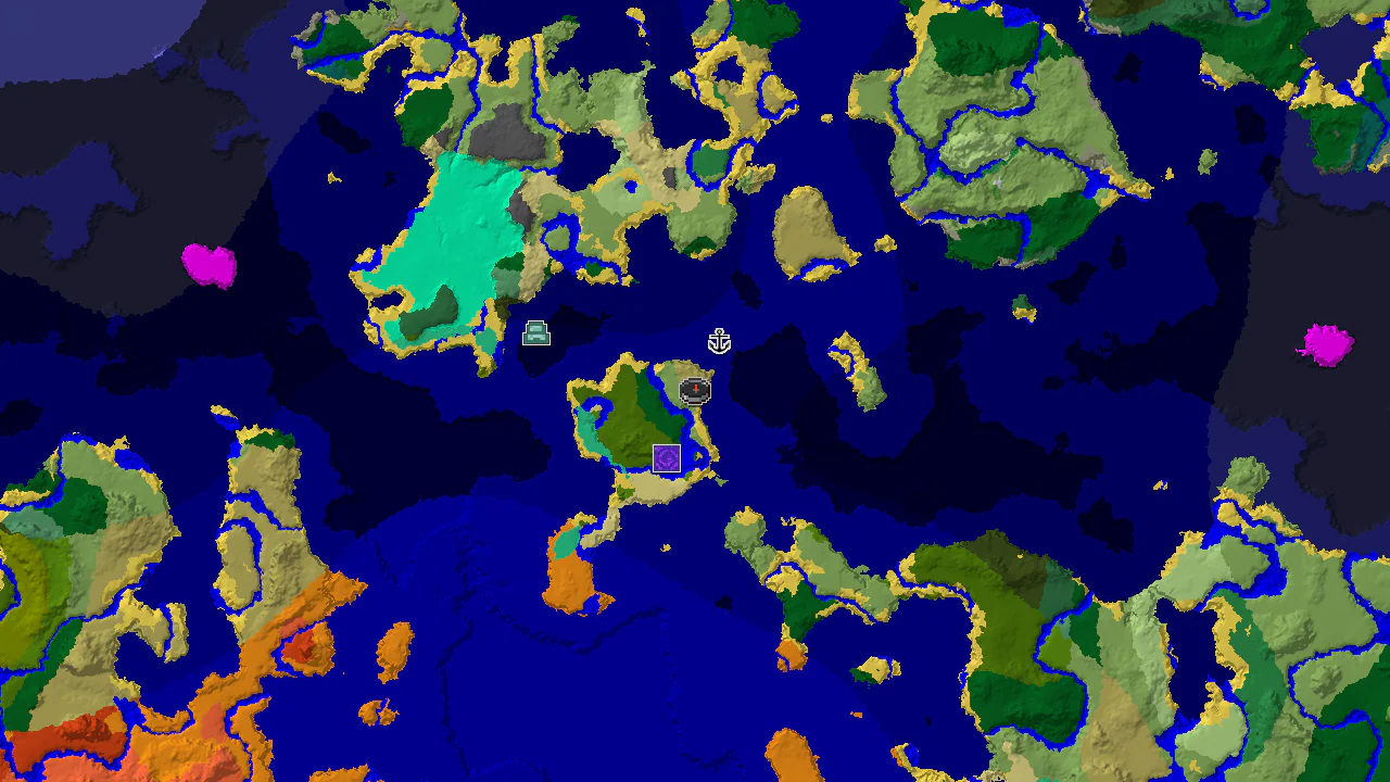 A 2D top-down biome map centered on spawn, showing a savanna spawn next to a large ocean with markers for an Ocean Monument, Ruined Portal, and Shipwreck.