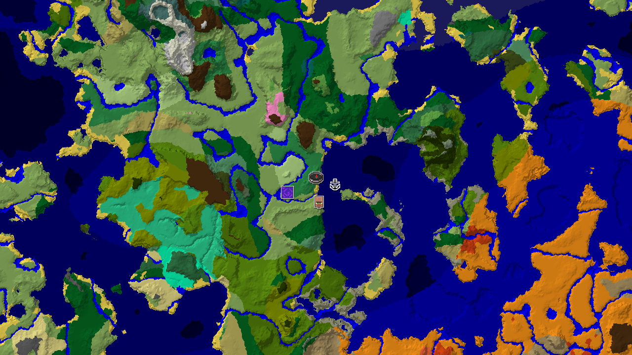 A 2D biome map centered on spawn, showing a Flower Forest surrounded by various other biomes like plains, ocean, and jungle, with markers for a village, ruined portal, and shipwreck.