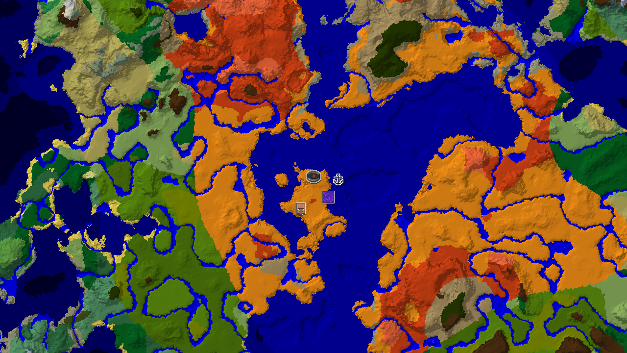 A 2D biome map centered on spawn, showing a desert spawn next to a warm ocean, with a village, ruined portal, and shipwreck marked.