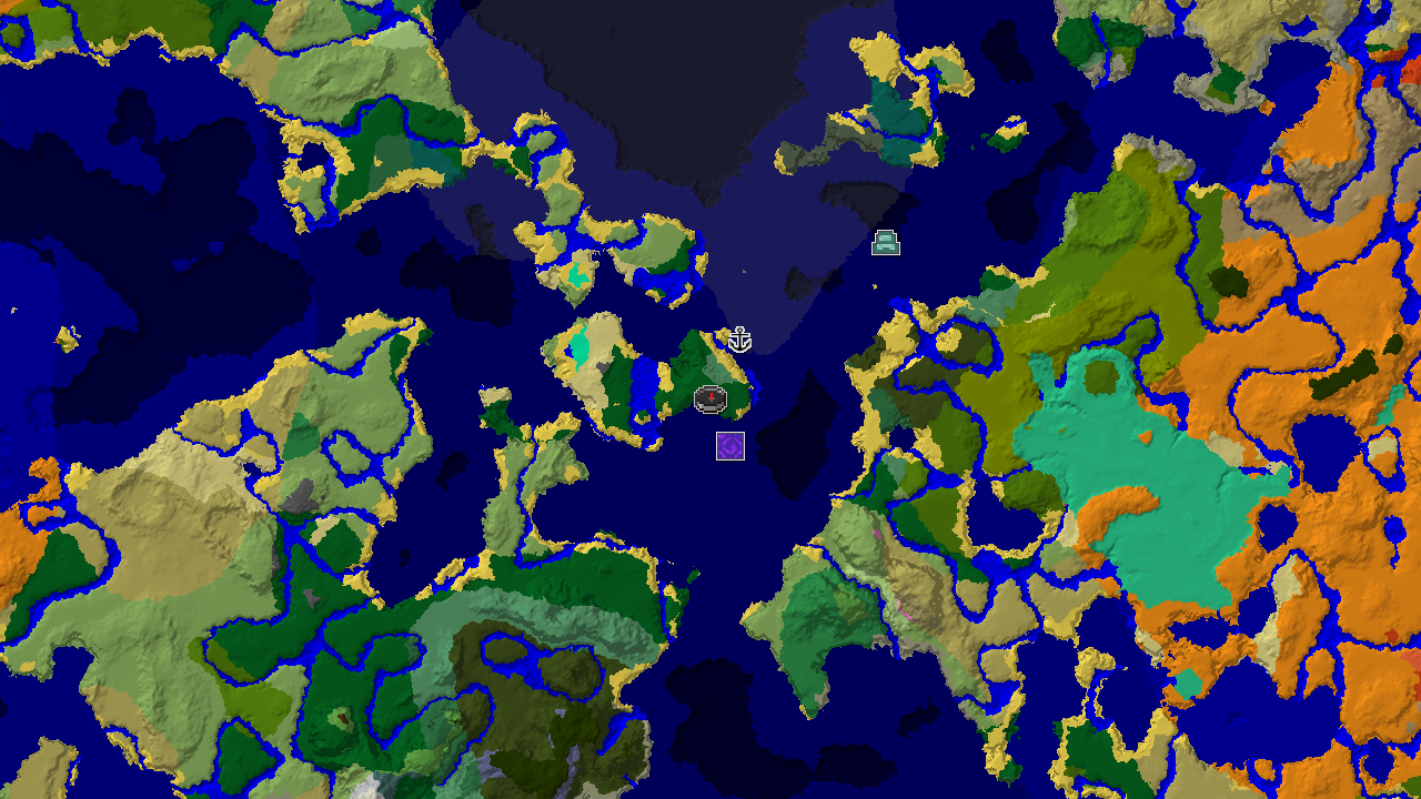 A 2D biome map centered on spawn, showing a large ocean to the west and south, with forests and other biomes to the east.