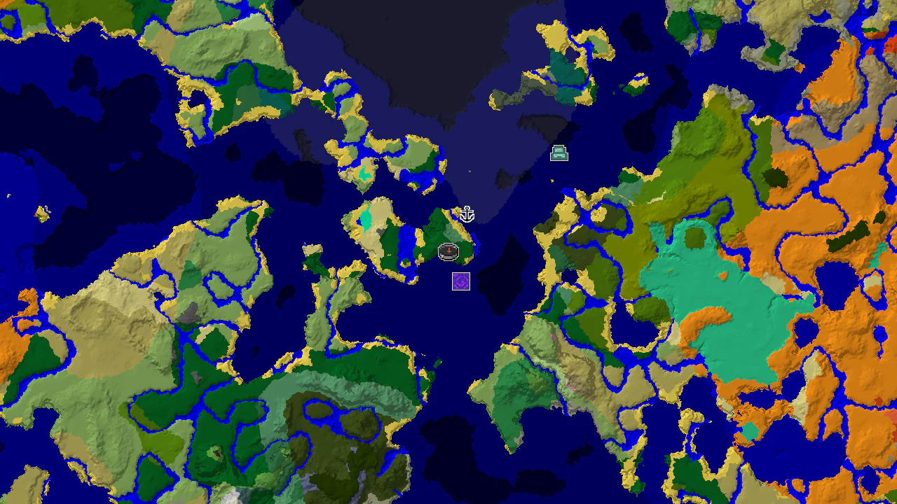A 2D biome map centered on spawn, showing a large ocean to the west and south, with forests and other biomes to the east.