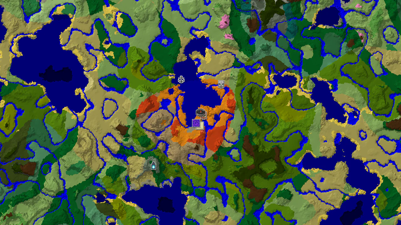 A 2D biome map centered on a desert spawn, showing a village, ruined portal, and desert pyramid nearby, with jungles and badlands farther out.