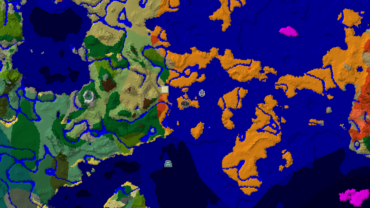 A top-down 2D biome map centered on spawn, showing a large warm ocean to the north, a desert to the south, and markers for a shipwreck and desert pyramid.