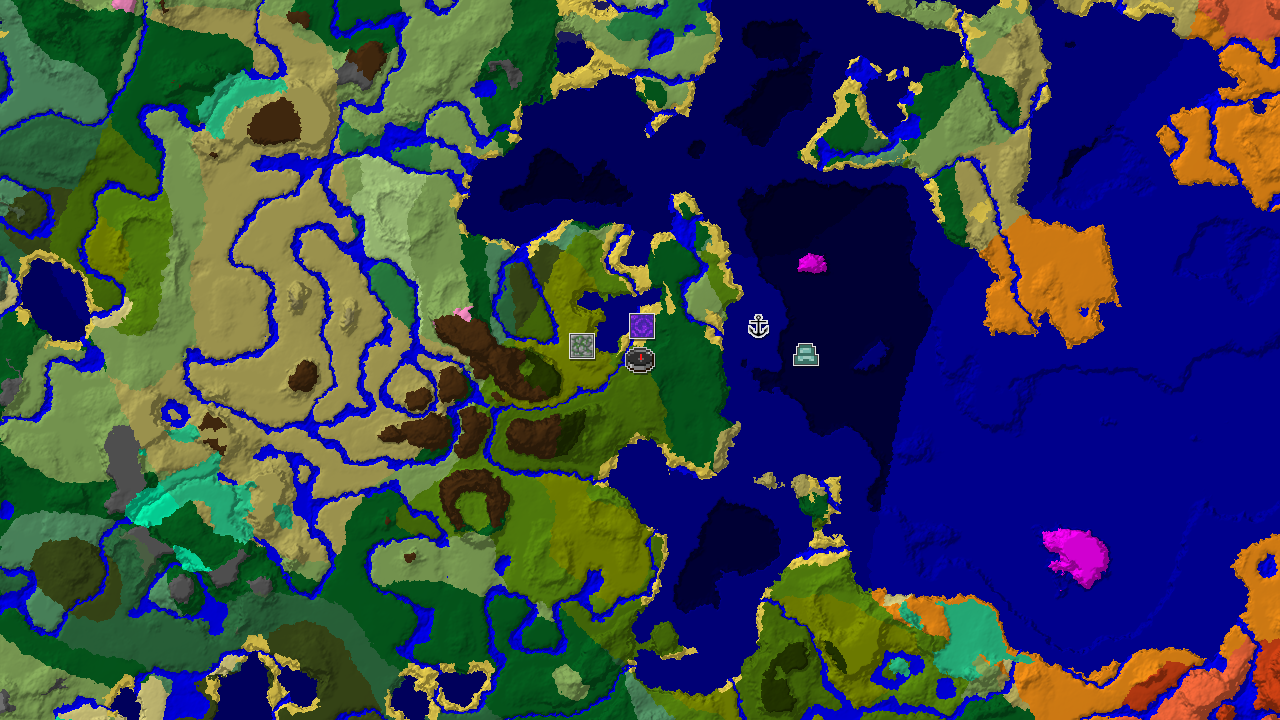A 2D biome map centered on spawn, showing a large jungle and ocean area with markers for a Ruined Portal, Shipwreck, and Ocean Monument.