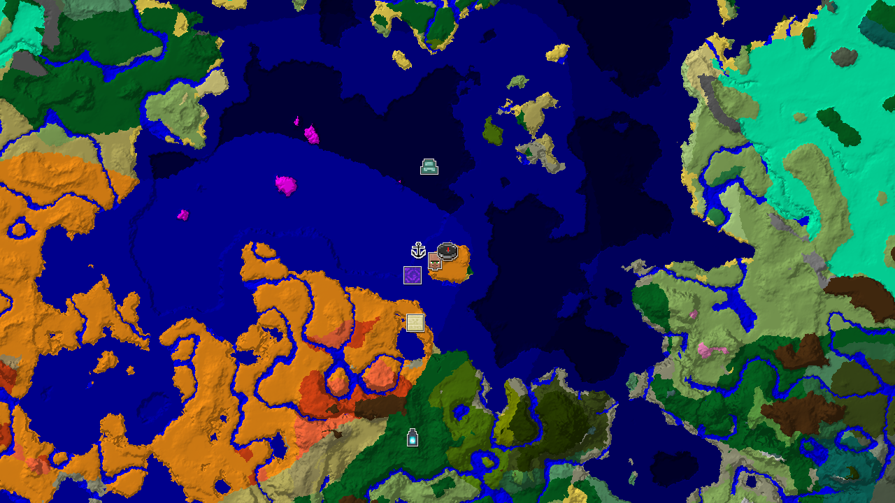 A 2D biome map showing a desert spawn next to a warm ocean, with markers for a village, ruined portal, and shipwreck nearby.
