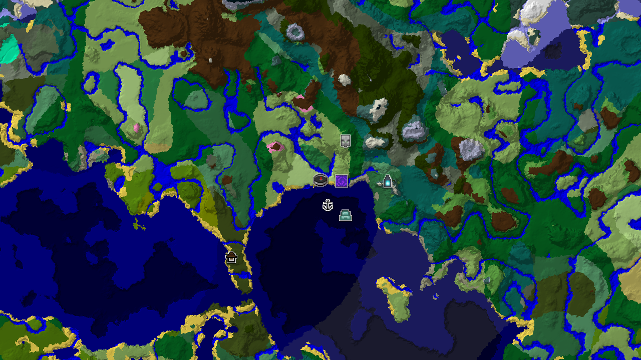 A 2D top-down biome map centered on spawn, showing nearby structures including an Ancient City, Ruined Portal, and Shipwreck.