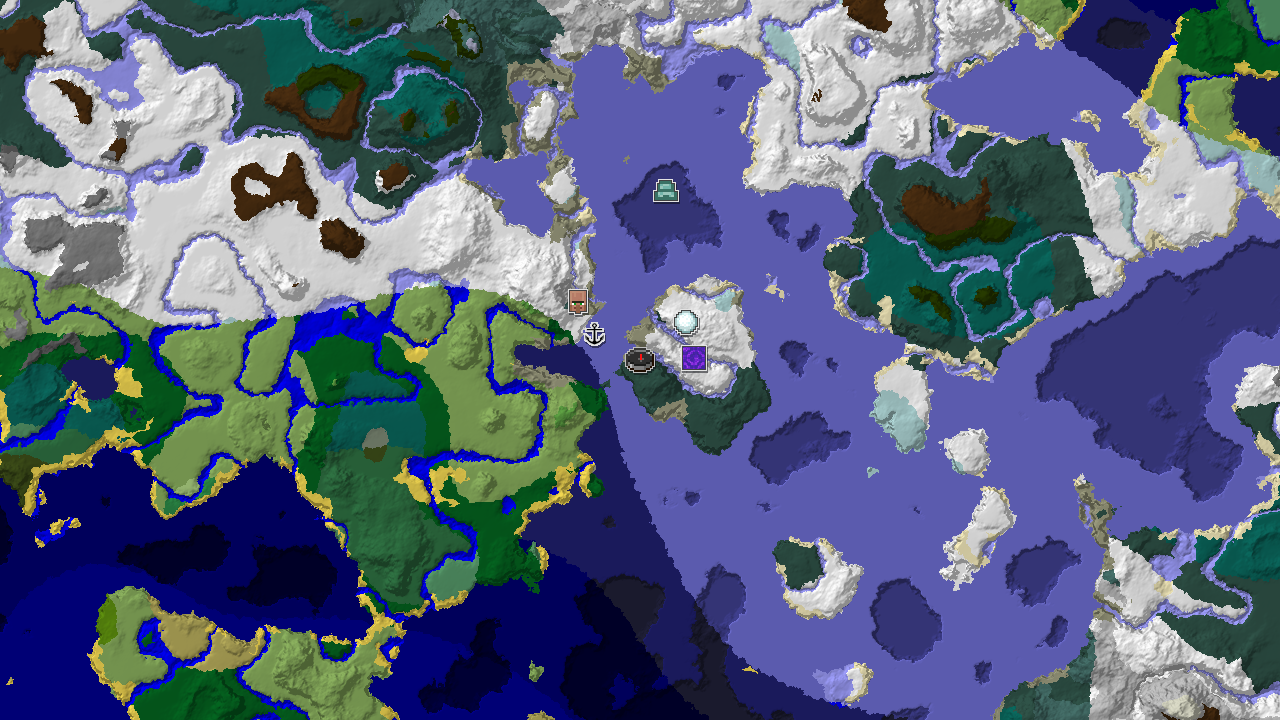 A 2D biome map centered on spawn, showing a large frozen ocean, snowy taiga, and markers for an ocean monument, village, and shipwreck.