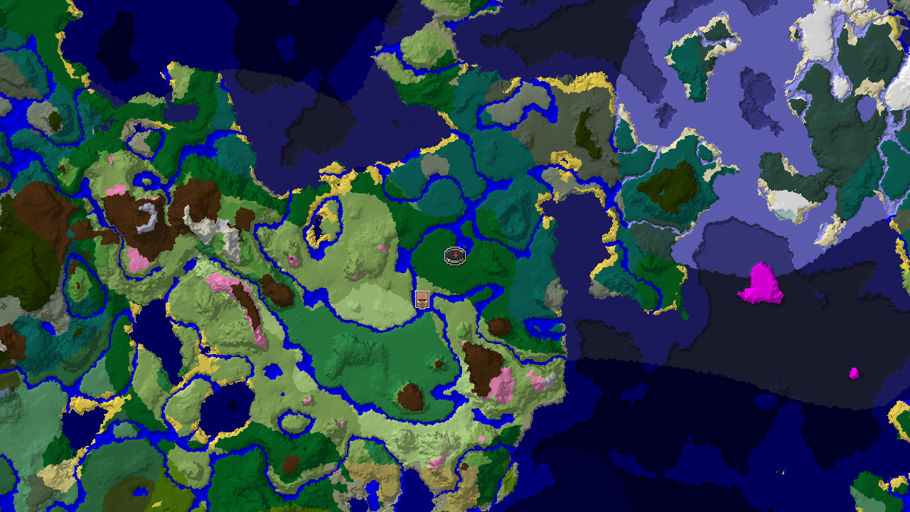 A top-down 2D biome map centered on spawn, showing a nearby village marker to the southwest, surrounded by forests, plains, and rivers.