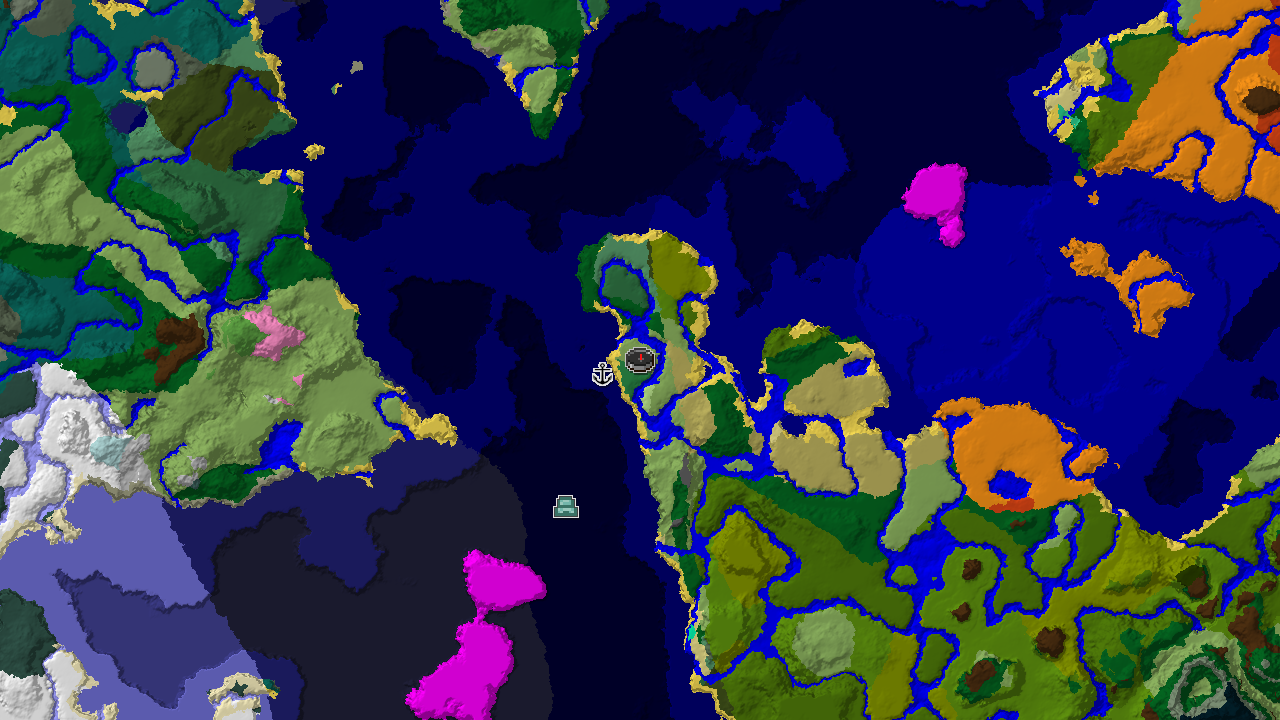 A 2D biome map centered on spawn, showing plains, forests, and oceans, with markers for a nearby Flower Forest and distant Ocean Monuments.