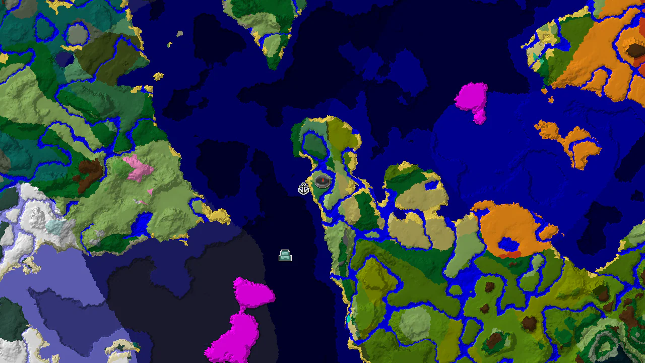 A 2D biome map centered on spawn, showing plains, forests, and oceans, with markers for a nearby Flower Forest and distant Ocean Monuments.