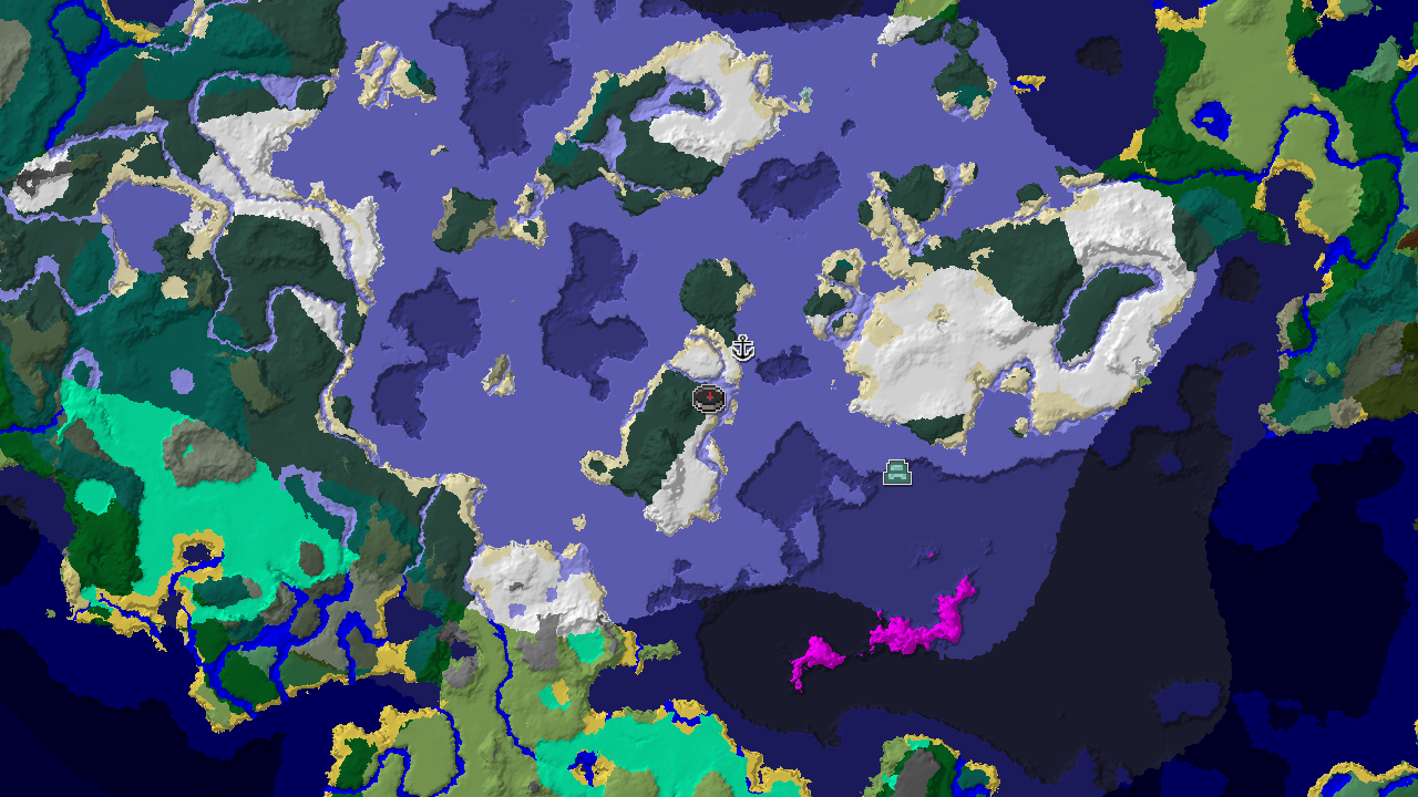 A 2D biome map centered on spawn, showing a large Frozen Ocean surrounded by Snowy Taiga and Snowy Plains, with an Ocean Monument marker to the southeast.