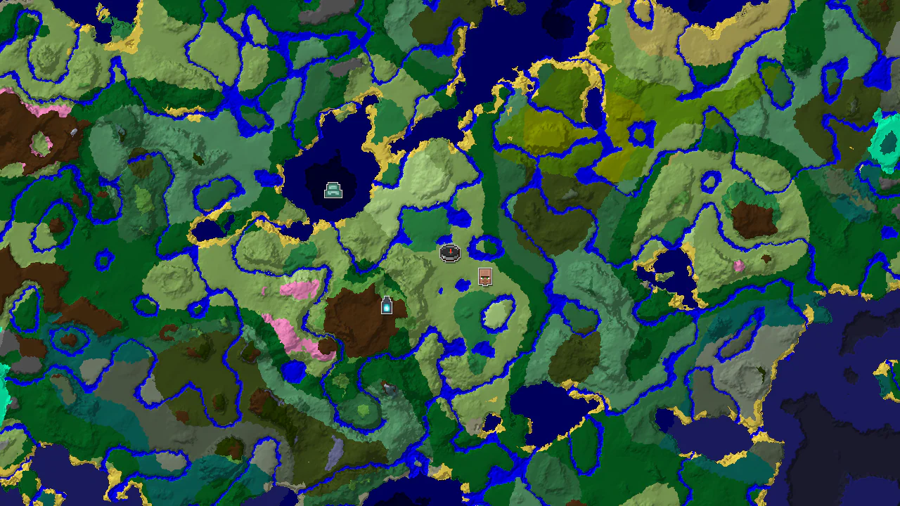 A 2D biome map centered on spawn, showing plains and rivers, with markers for an ancient city, village, and ocean monument.