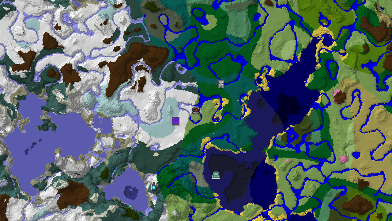 A 2D biome map centered on spawn, showing plains, forests, and snowy biomes, with markers for a Ruined Portal, Pillager Outpost, Ocean Monument, and Ancient City.