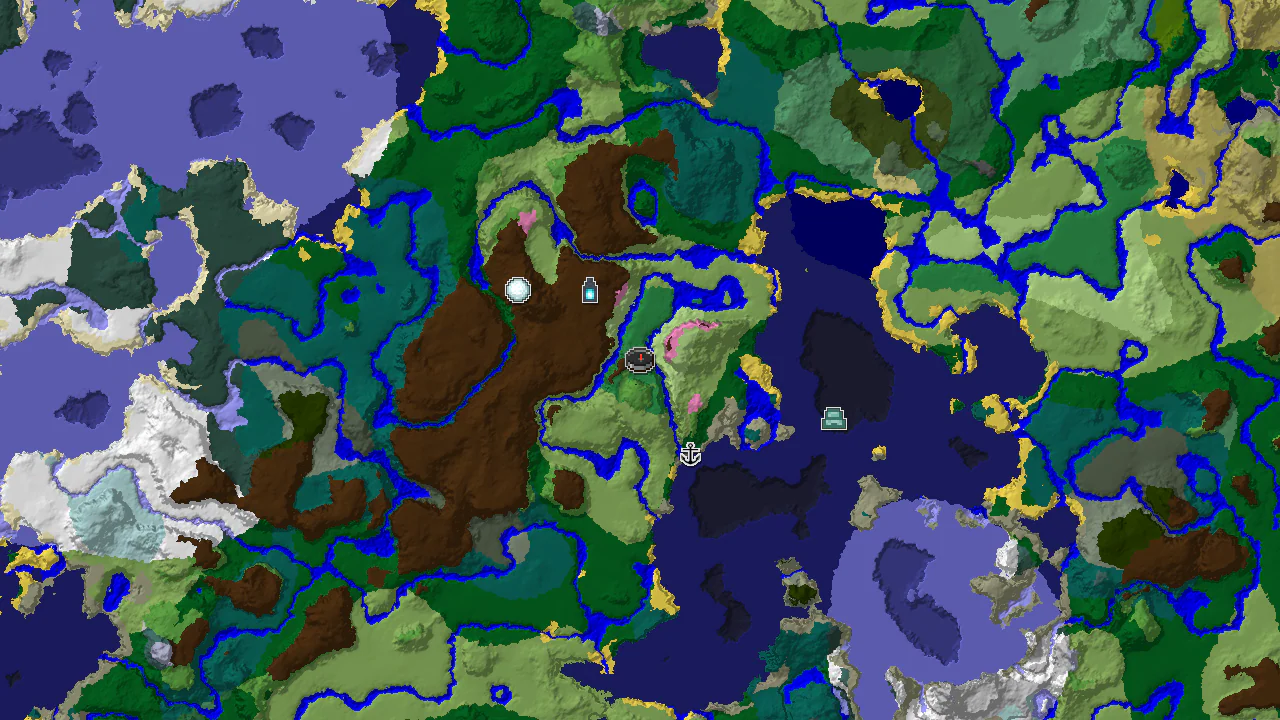A 2D biome map centered on spawn, showing a Flower Forest at spawn, a Cherry Grove to the south, and markers for a nearby Ancient City.