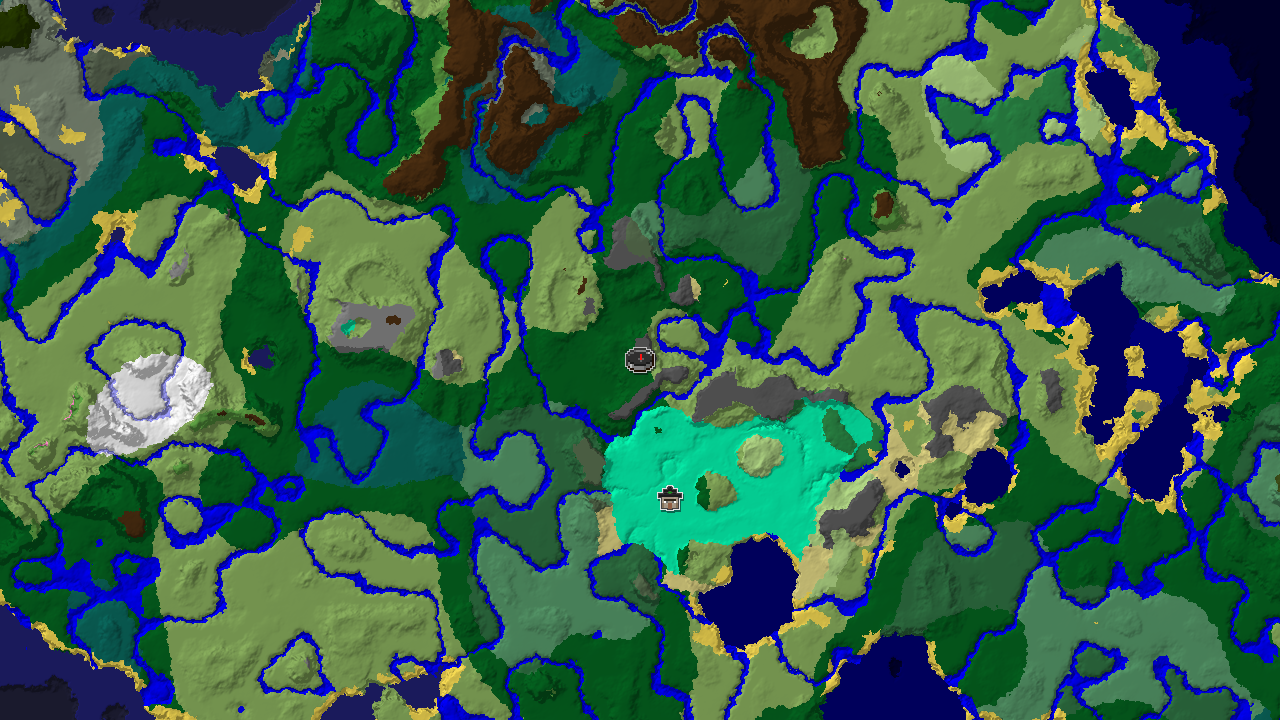 A top-down 2D biome map centered on spawn, showing a large Forest biome, with nearby Plains, River, and Swamp areas, and a Witch Hut marker to the southeast.