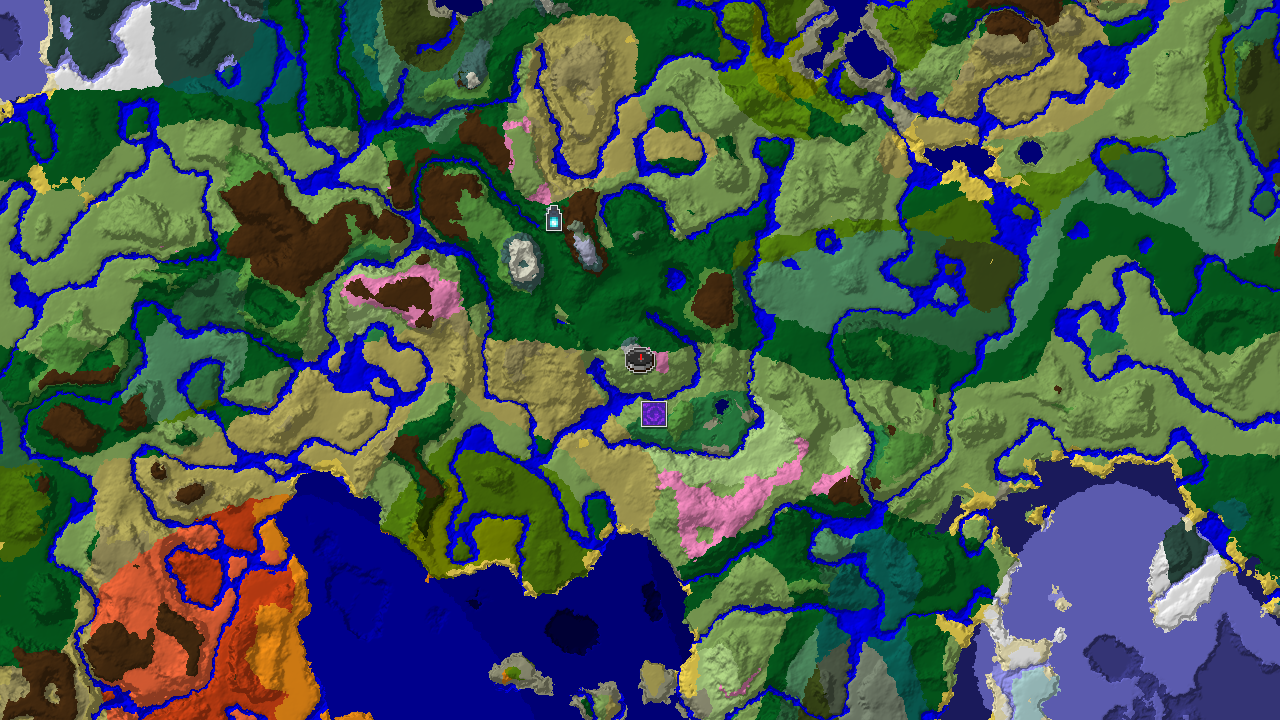 A 2D biome map centered on spawn, showing a nearby Ancient City and a Ruined Portal within a landscape of Plains, Forest, and Cherry Grove.