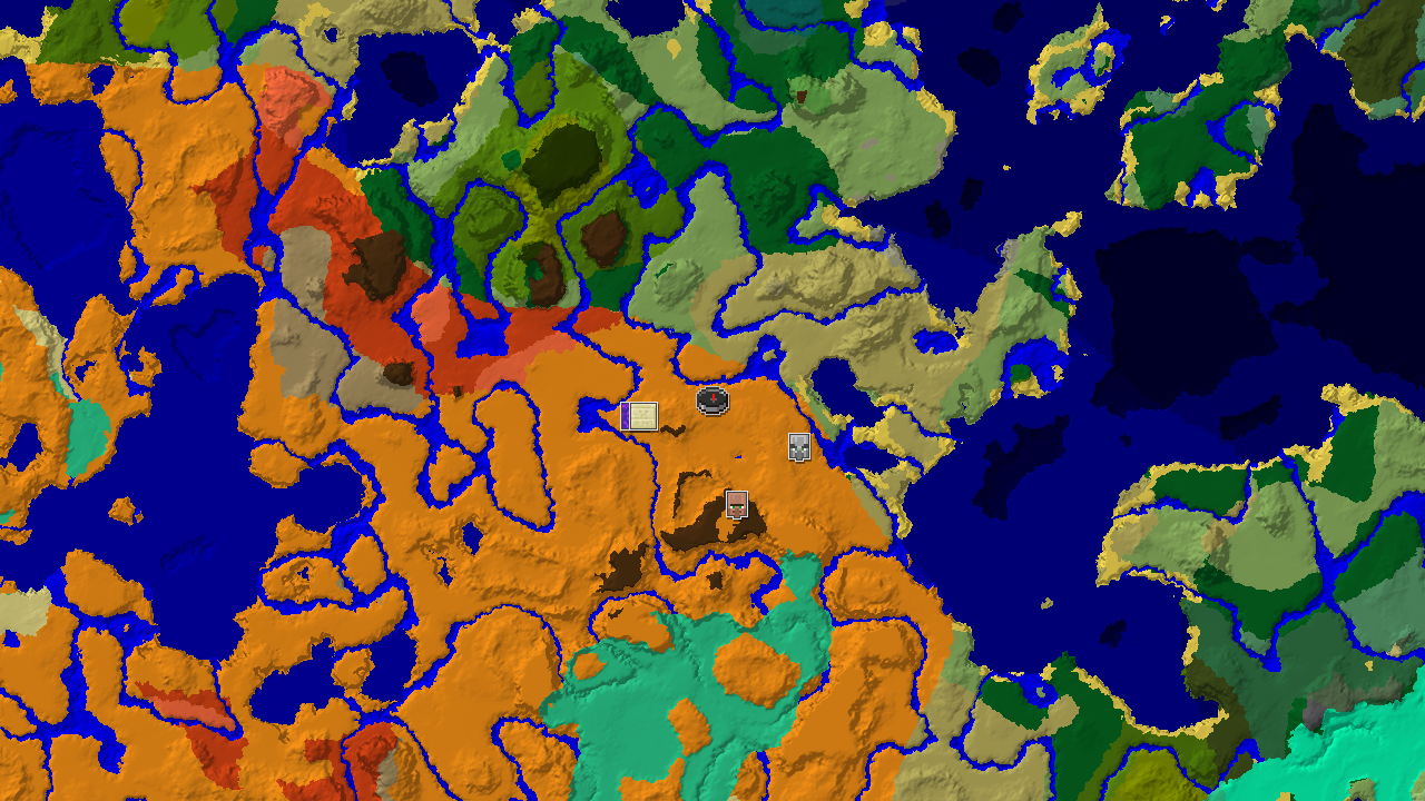 A 2D biome map centered on the spawn point in a large desert, with markers for a desert pyramid, village, ruined portal, and pillager outpost.