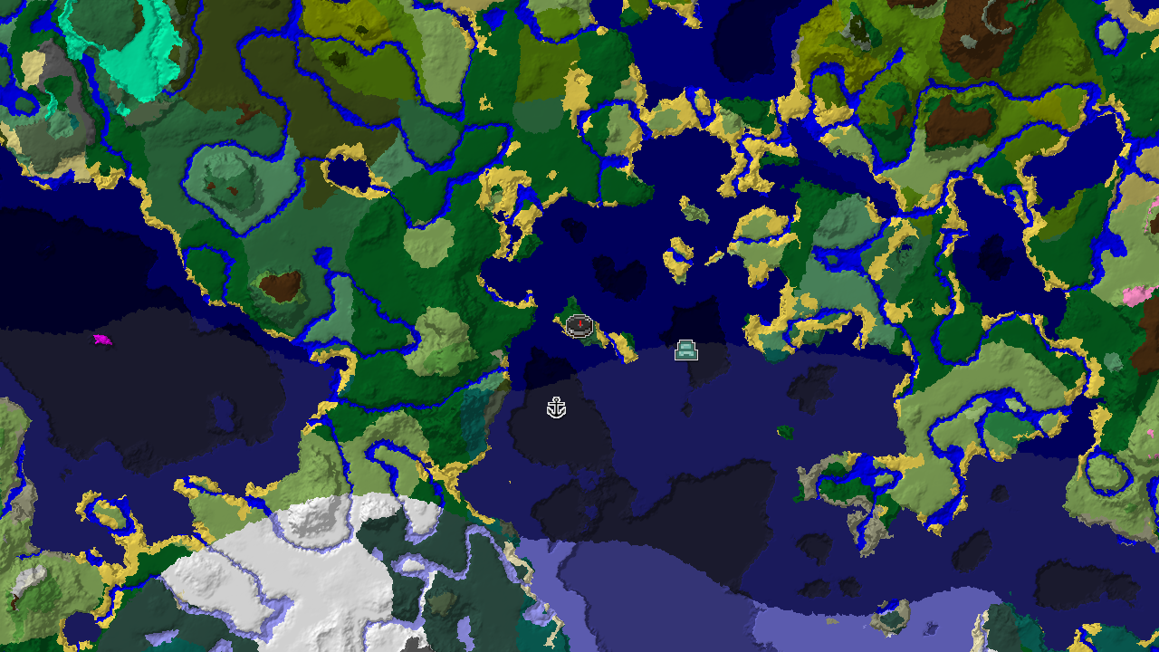 A 2D biome map centered on spawn, showing Birch Forest, Ocean, and Forest biomes, with a marker for an Ocean Monument to the southwest.