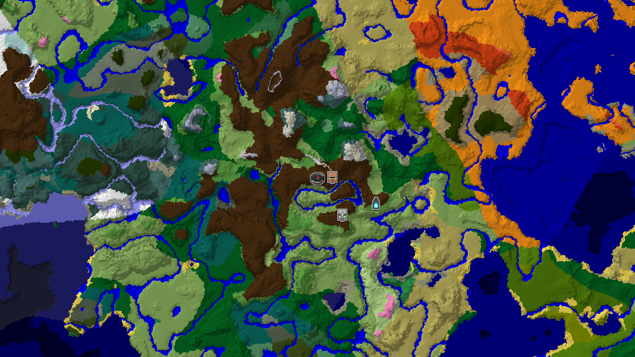 A 2D biome map centered on the spawn point, marked with structures including a village, pillager outpost, and ancient city.