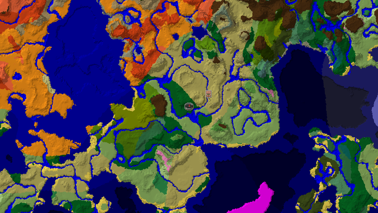 A 2D biome map centered on spawn, showing a nearby village nestled by water within a large savanna biome.