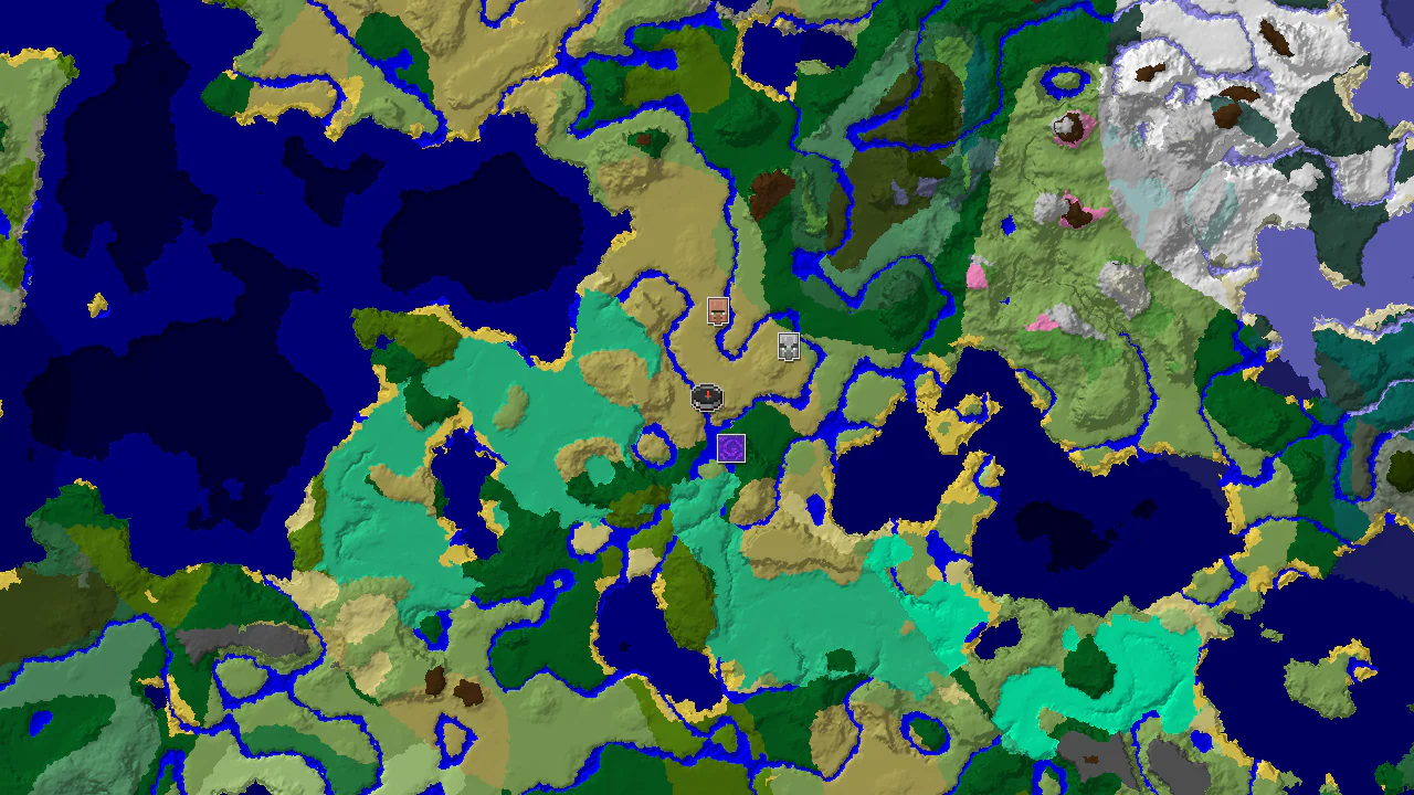 A 2D biome map centered on spawn, showing a Savanna spawn next to a nearby Mangrove Swamp, River, and Forest. Markers indicate a Village, Ruined Portal, and Pillager Outpost.
