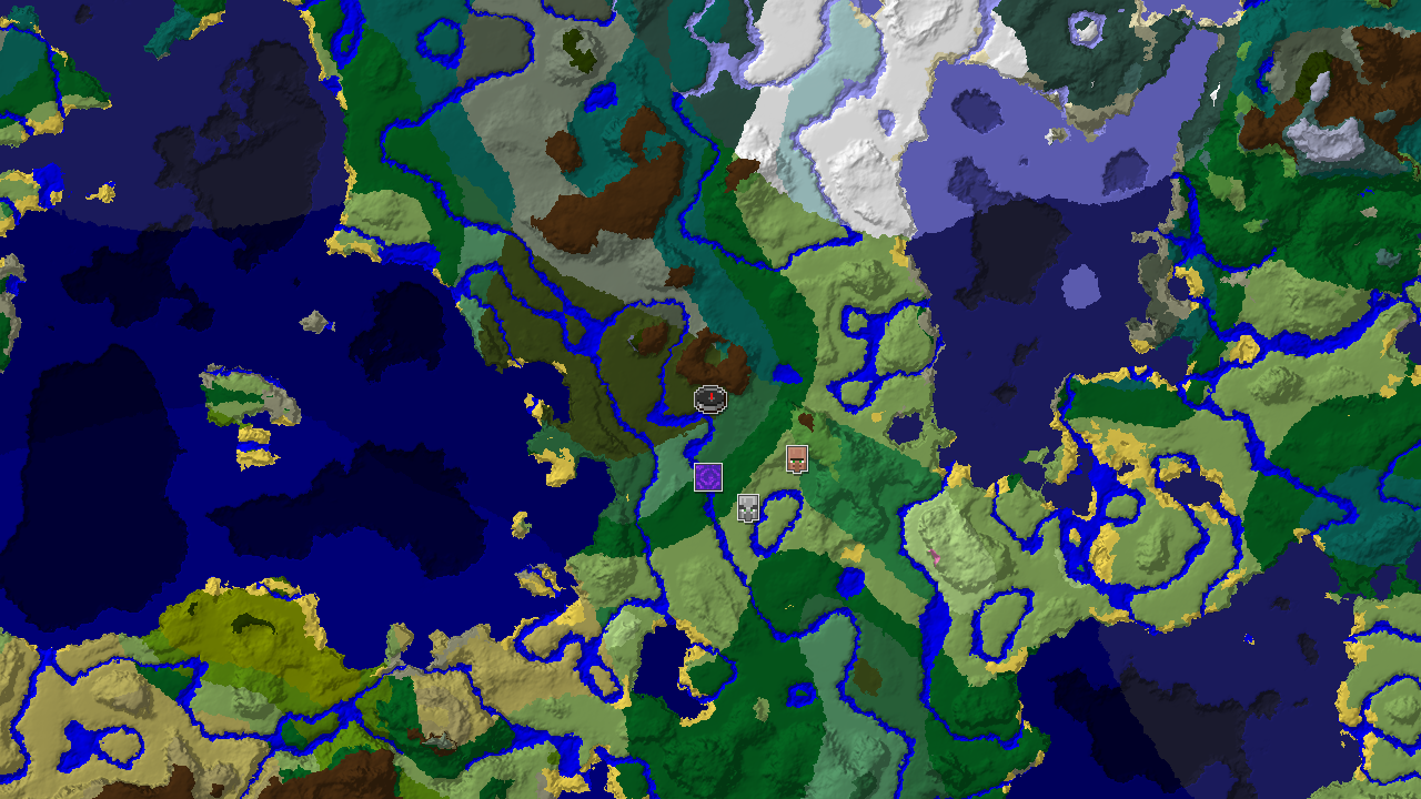 A 2D top-down biome map centered on spawn, showing a Dark Forest at spawn and a wide variety of biomes, with markers for a village, ruined portal, and pillager outpost.