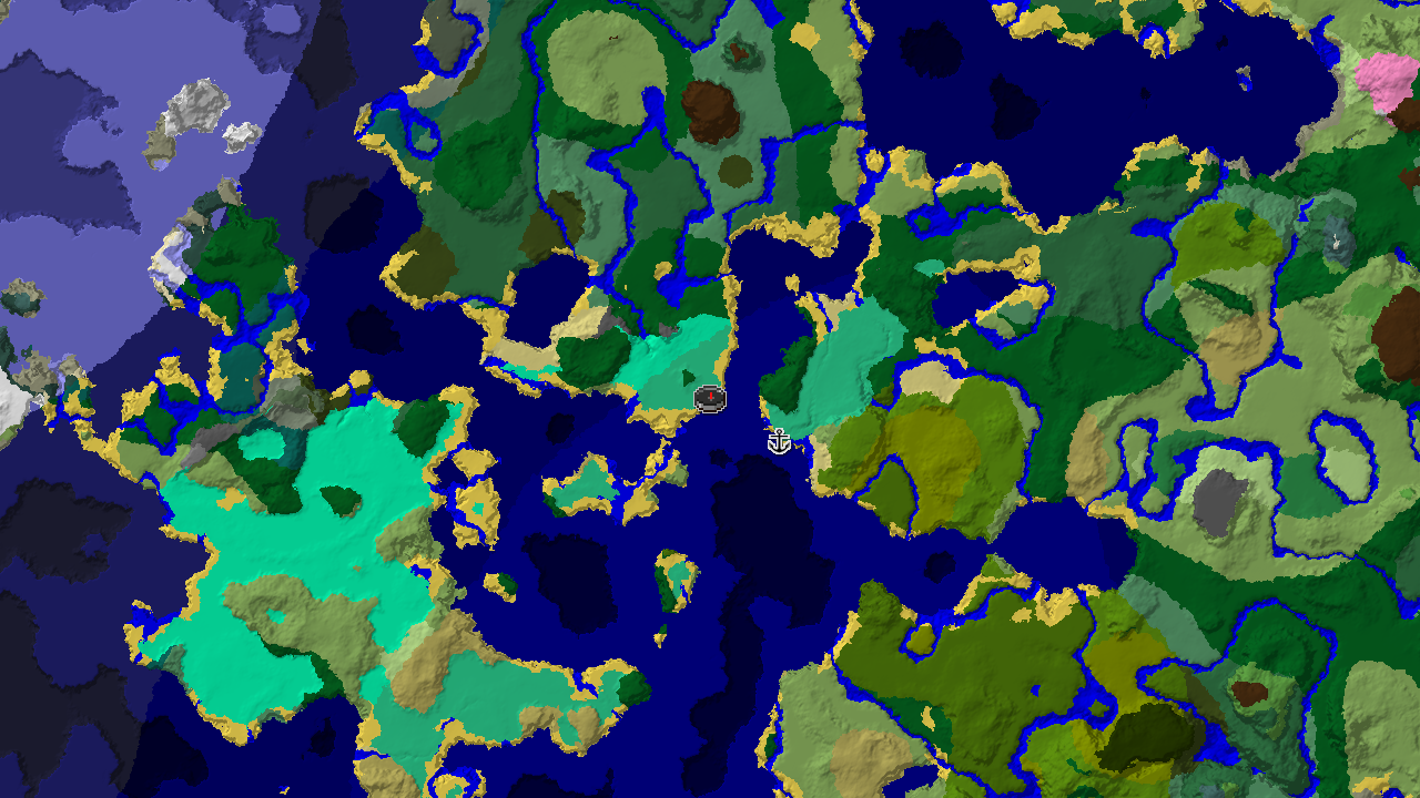 A 2D biome map centered on spawn, showing a large Mangrove Swamp with surrounding oceans, beaches, and various forest biomes, and a shipwreck marker to the east.